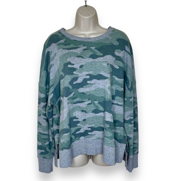Time and Tru Green Gray Camo Split Side French Terry Sweatshirt Women XL 16 18 - Picture 1 of 13